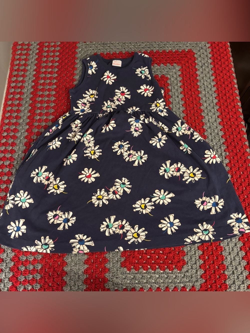 Hanna Andersson Daisy Floral Dress Kid 6/7 Navy Blue Organic Cotton w Pockets